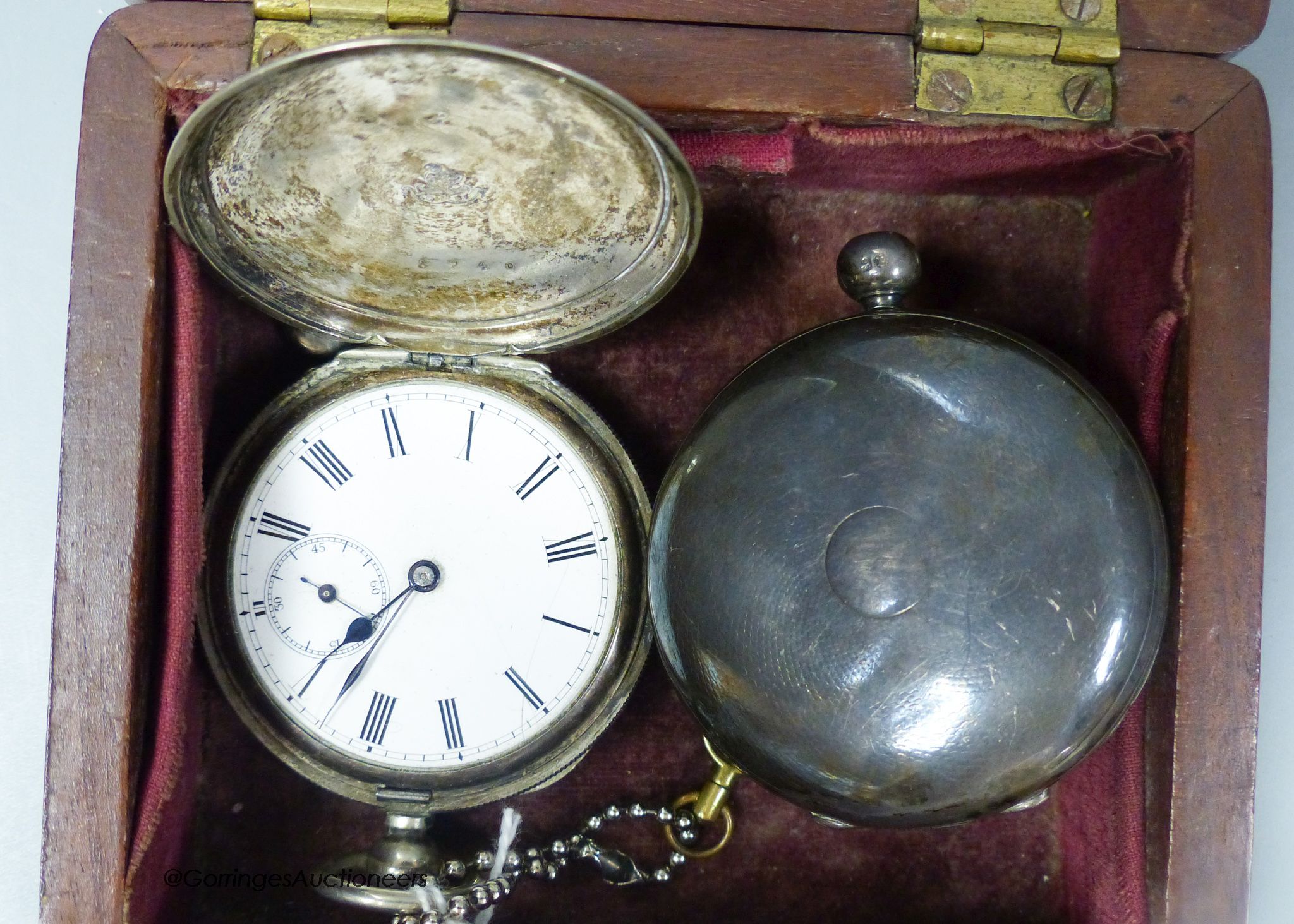 A silver cased hunter pocket watch (a.f.) and one other similar white metal pocket watch